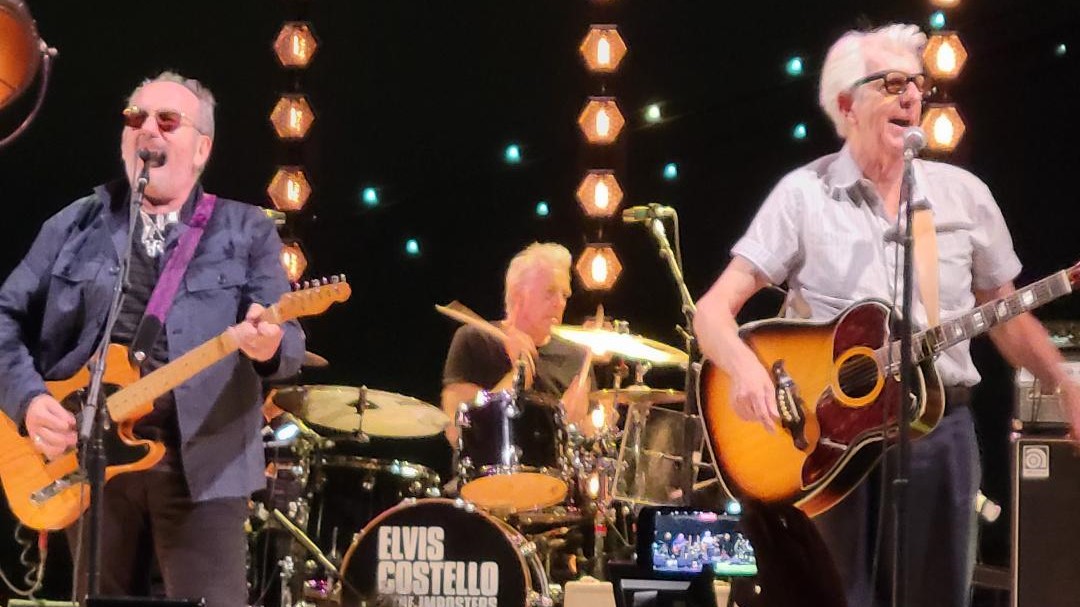 Review: Elvis Costello and Nick Lowe Reunite Under a Full Moon for a Howling Outdoor NY Show | Showbiz411