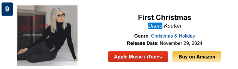 Diane Keaton Holiday Record “First Christmas” Goes Top 10 on iTunes Posthumously: Fulfilled Her Lifelong Dream of a Singing Career
