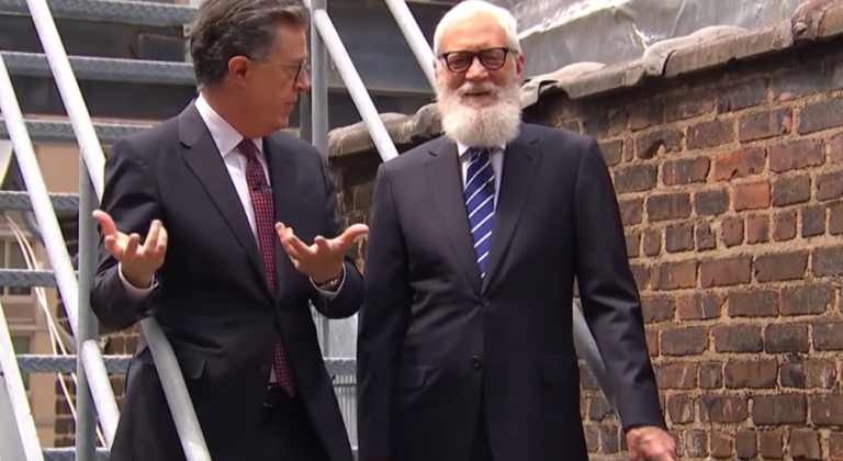 David Letterman Visits Stephen Colbert for Last Appearance on “Late Show,” Throws Furniture off Roof, Bids CBS “Good night and Good Luck, Mfers”