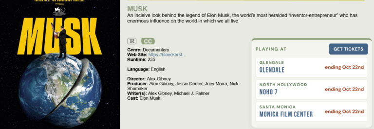 Controversial “Musk” Documentary Pulled From Almost Every One of 472 Theaters After One Week by Newly Sold Bleecker Street Films